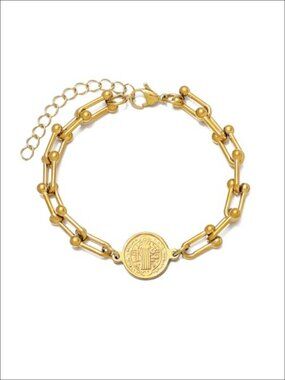 18K Gold Plated Stainless Steel St Benedict Link Bracelet Catholic Religious